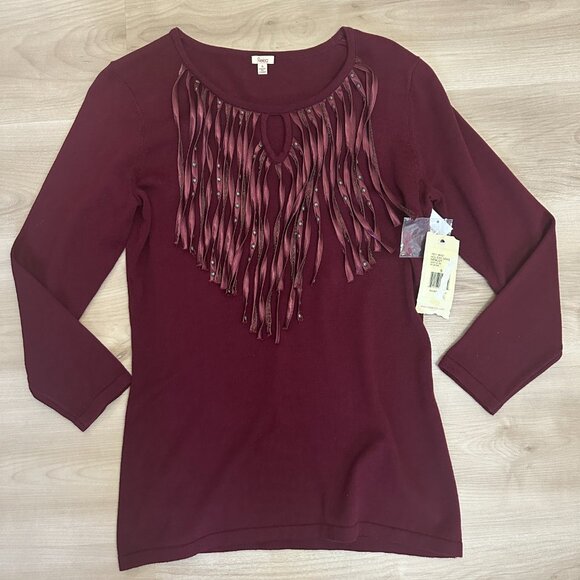 Reba‎ Holiday Gems Merlot Sweater Small Tassel Keyhole Front Studded NWT - Picture 9 of 9